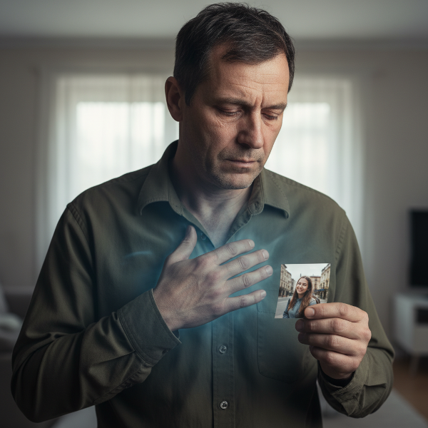 Un hombre experimenta dolor en el pecho mientras contempla una foto de su hija, simbolizando la conexión entre la distancia emocional y el sufrimiento físico.
