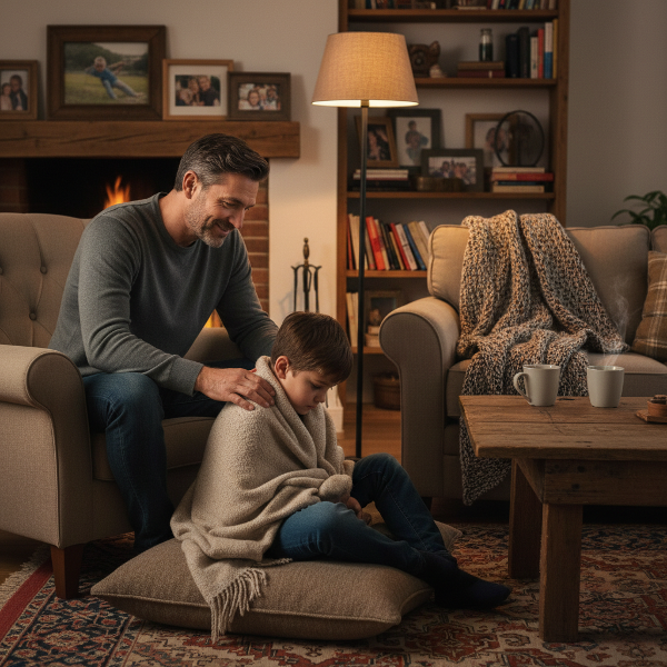 Un padre hablando con su hijo en el salón, mostrando apoyo emocional y comunicación familiar.