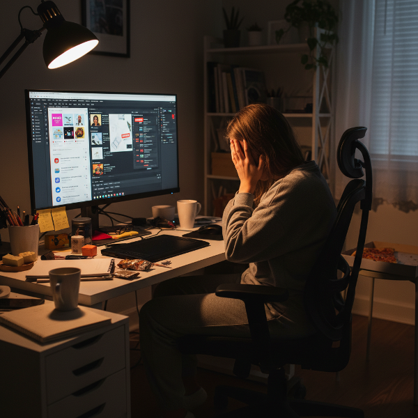 Una mujer joven diseñadora gráfica en su espacio de trabajo en casa, rodeada de distracciones como un teléfono y una pantalla con redes sociales, mientras mira con ansiedad proyectos de diseño pendientes en su monitor.