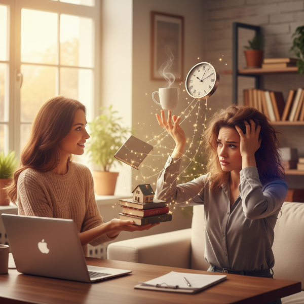 Una psicóloga observa con comprensión a una mujer abrumada por los símbolos de sus múltiples roles y la presión del tiempo.