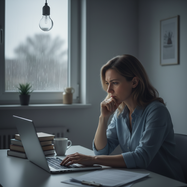 Una psicóloga trabajando de forma remota, experimentando aislamiento y ansiedad social en su hogar silencioso.
