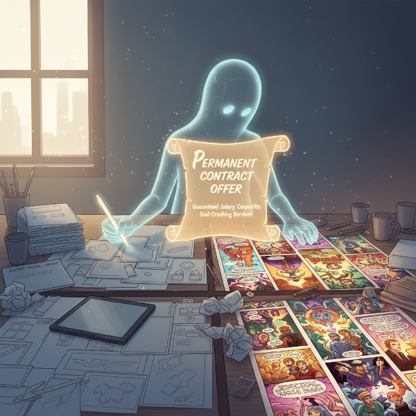 Un artista atrapado entre la creatividad personal y las demandas comerciales, representado como una figura semitransparente en un estudio dividido.