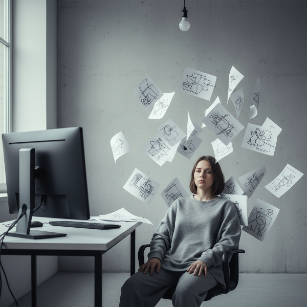 Una mujer en su estudio de diseño, rodeada de un ambiente desolado y creatividad estancada, simbolizando el agotamiento silencioso.