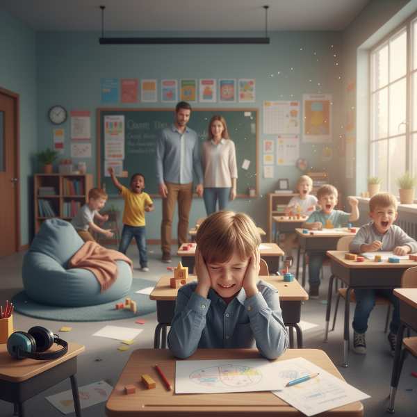 Un niño altamente sensible se abruma en el colegio, mientras sus padres observan con preocupación, simbolizando el desafío de equilibrar su naturaleza con el entorno.