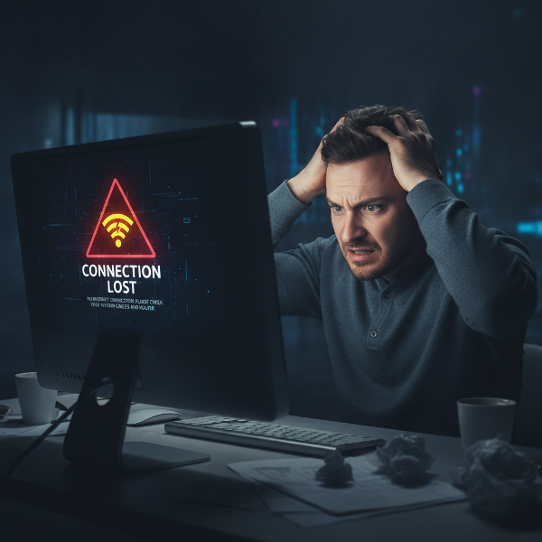 Hombre con expresión de pánico ante pantalla de computadora que muestra un error de conexión, simbolizando la ansiedad por fallos técnicos en el teletrabajo.