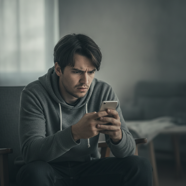 Un hombre revisando el teléfono con ansiedad, rodeado de sombras que simbolizan dudas y manipulación emocional.