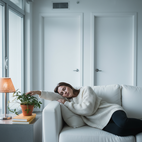 Una mujer en un apartamento minimalista y frío, rodeada de puertas cerradas, con una expresión de introspección y un pequeño gesto de cambio como una planta.