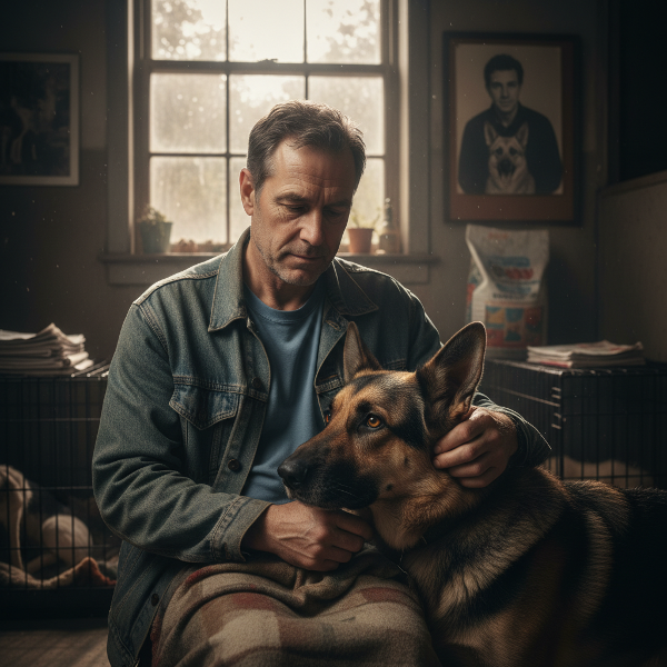 Un hombre mayor acaricia a un perro en un refugio, mostrando una conexión emocional profunda en un entorno que evoca recuerdos y un conflicto interno.