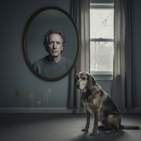 Hombre frente a un espejo con mirada vacía, un perro abandonado a un lado, colores grises y atmósfera de desconexión emocional