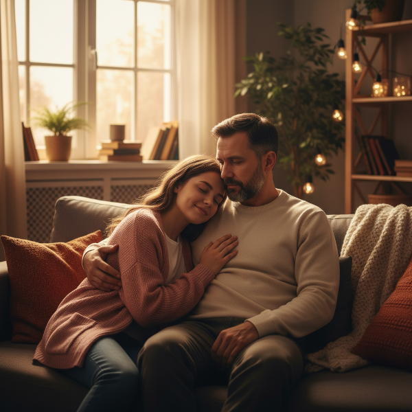 Un hombre maduro en un espacio íntimo y sereno, reflexionando sobre la conexión con su pareja a largo plazo.