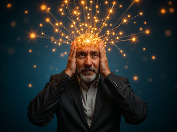 Ilustración de un hombre meditando sobre la conexión entre el dolor físico y las emociones, con símbolos de luz uniendo la cabeza y el cuerpo en un entorno sereno.