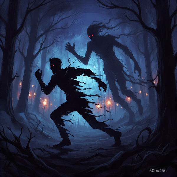 Hombre corriendo asustado en bosque oscuro perseguido por una sombra.