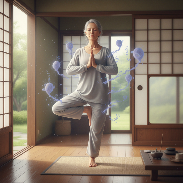 Una mujer madura en una postura de yoga, buscando calma mientras sombras representan pensamientos intrusivos, con una puerta como foco de ansiedad.