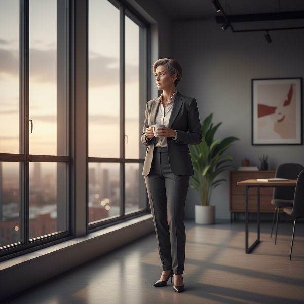 Una profesional exitosa pero desconectada, reflexionando sobre su propósito en una oficina vacía al final del día.