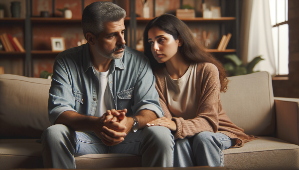 Una pareja madura en su hogar, mostrando una conexión emocional frágil pero con esperanza de reconexión.