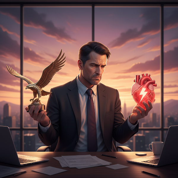 Un hombre maduro en su oficina, mostrando la contradicción interna entre el éxito profesional y el estrés físico que le provoca.