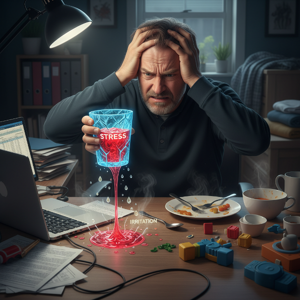 Un hombre profesional, entre su oficina y su hogar, muestra tensión mientras un vaso simbólico se desborda, representando la acumulación de estrés que genera reacciones intensas ante pequeñas frustraciones.