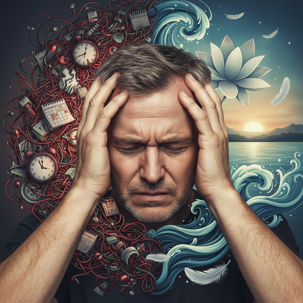 Un hombre maduro muestra agotamiento e irritabilidad, con elementos visuales que representan el estrés interno y la búsqueda de equilibrio emocional.