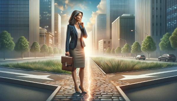 Una mujer profesional de mediana edad mira pensativamente hacia un horizonte lleno de caminos potenciales, con una base sólida a sus pies que simboliza su experiencia.