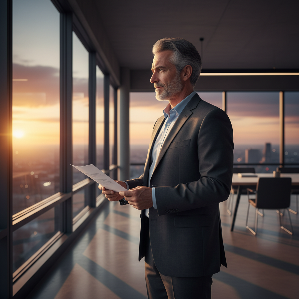 Un profesional reflexiona sobre su nuevo rol, rodeado del simbolismo de la oportunidad y la superación personal.