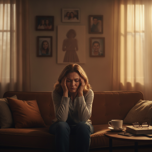 Una mujer madura con dolor de cabeza mientras reflexiona sobre la crítica materna, mostrando la conexión entre tensión emocional y síntomas físicos.