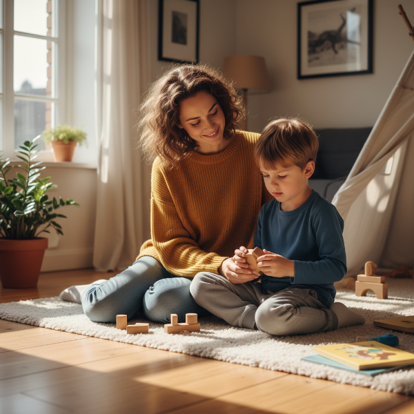 Una madre y su hijo pequeño comparten un momento de juego tranquilo en casa, ilustrando un vínculo afectivo y la gestión pacífica de las emociones.