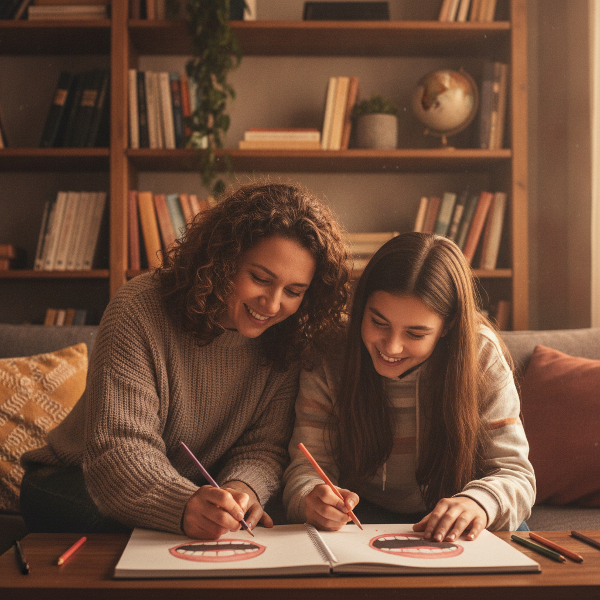 Madre e hija dibujando juntas bocas abiertas en un cuaderno, simbolizando la sanación de la voz y la confianza mutua.
