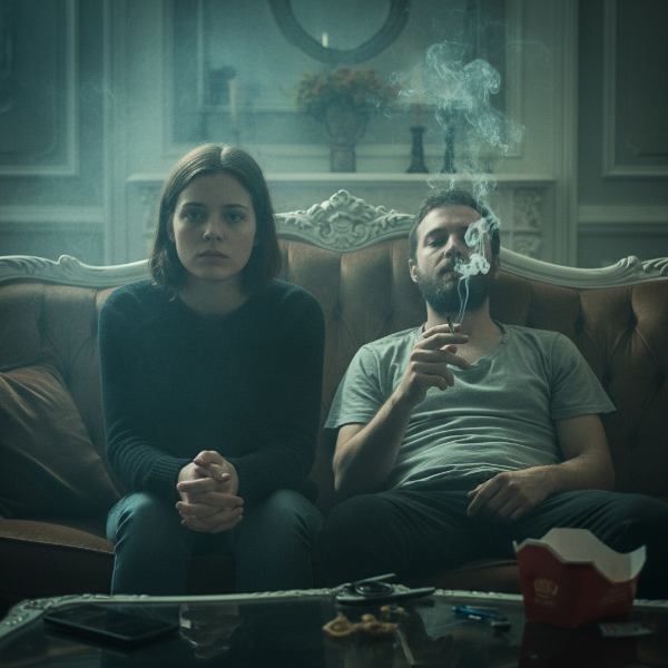 Mujer joven ansiosa en un sofá junto a su pareja fumando marihuana, ambiente de tensión y preocupación.