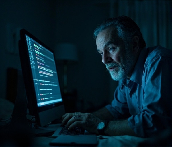 Un hombre mayor frente a la pantalla de una computadora durante la noche, revisando notificaciones con ansiedad, mientras su dormitorio permanece a oscuras y el teléfono descansa sobre la cama.