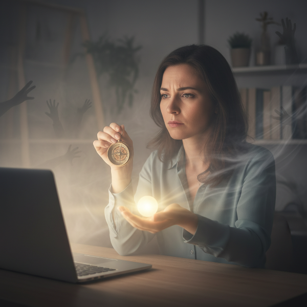 Una profesional de la salud mental, representada como guía, sostiene una brújula que no funciona, envuelta en niebla, ilustrando la paradoja de sentirse perdida mientras ayuda a otros a encontrar su rumbo.