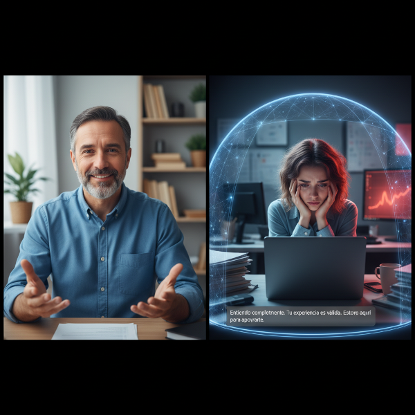 Un psicólogo y un cliente conversando en un entorno digital tranquilo, simbolizando apoyo profesional contra el estrés laboral tóxico.