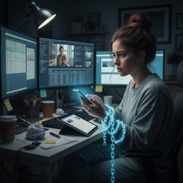 Una diseñadora gráfica se siente atrapada y ansiosa por el uso constante de pantallas en su espacio de trabajo en casa, simbolizando la dependencia digital.