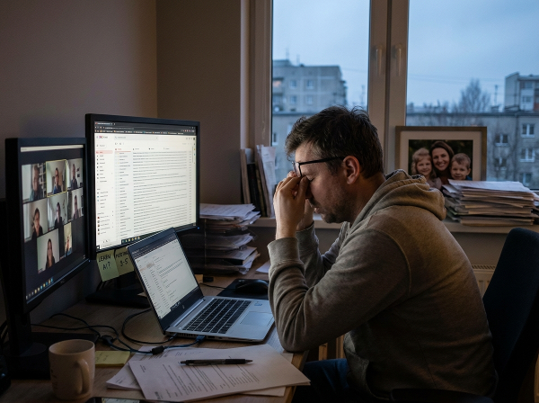 Un hombre de mediana edad en una oficina de tecnología, rodeado de pantallas y papeles, con expresión de agotamiento y desconexión.