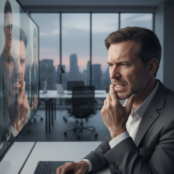 Un hombre en su oficina, con expresión de tensión y dolor en la mandíbula, mientras se prepara para una reunión importante.