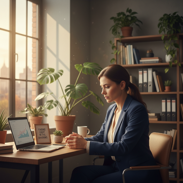 Una mujer de 38 años, con expresión pensativa y vulnerable, en su oficina de una ONG. Mira por la ventana donde entra una luz suave, mientras sostiene un documento. Su postura refleja duelo interno, pero el entorno laboral sugiere fortaleza y un camino por delante.