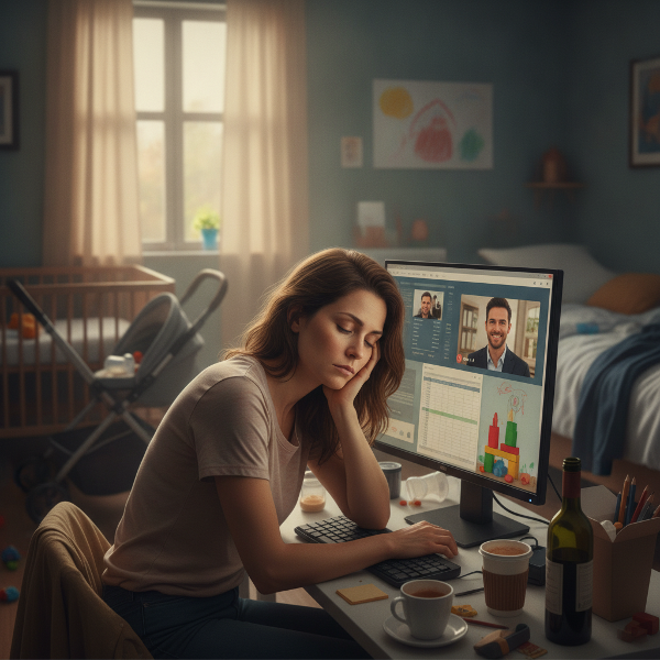 Mujer de 38 años en escritorio con laptop, estrés laboral, al lado su pareja, vientre con aura de maternidad, tonos cálidos.