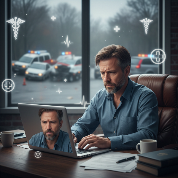 Un psicólogo en su oficina, atrapado entre su reflejo en la pantalla del ordenador y recuerdos intrusivos de un accidente, rodeado por símbolos de ansiedad por la salud.