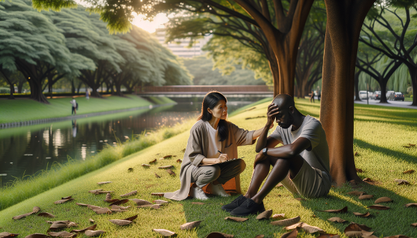 Una psicóloga guiando a una persona con ansiedad en un parque público, usando técnicas de anclaje y respiración en un entorno tranquilo.