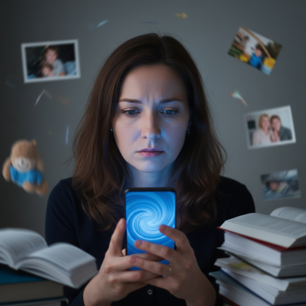 Una psicóloga mira su teléfono con ansiedad, mientras su vida familiar y laboral se desdibuja a su alrededor, ilustrando la adicción conductual y su impacto.