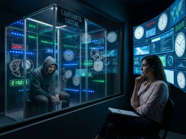 Una ilustración que representa el aislamiento y la adicción al trabajo remoto, mostrando a una persona encerrada en un mundo digital de pantallas, con símbolos de tiempo y desconexión.