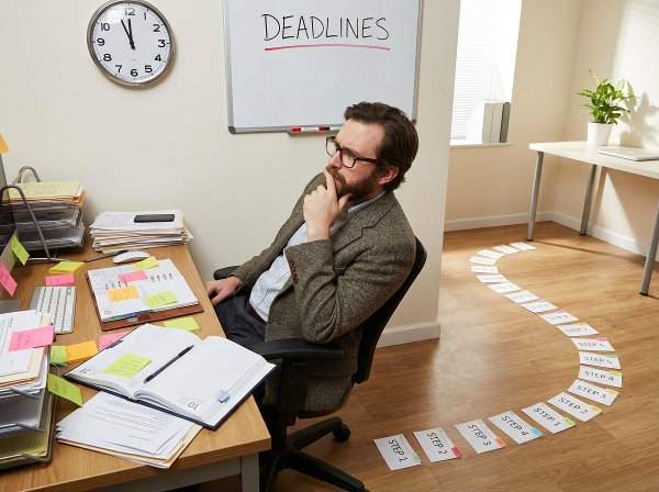Un psicólogo reflexivo en su escritorio, atrapado entre la planificación detallada y la presión de los plazos, viendo un camino hacia hábitos más consistentes.