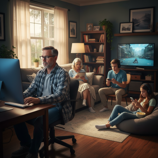 Un hombre maduro en su oficina en casa, con expresión de fatiga frente al ordenador, mientras su vida familiar ocurre en segundo plano, simbolizando la falta de límites.