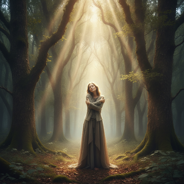 Mujer abrazándose en un bosque, luz cálida y serena, metáfora de autocuidado y resiliencia emocional.
