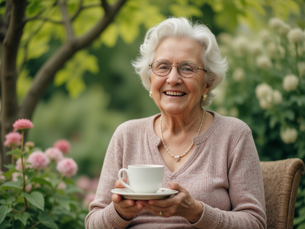 Una mujer mayor y serena en un jardín tranquilo, representando la paz interior y la sabiduría.