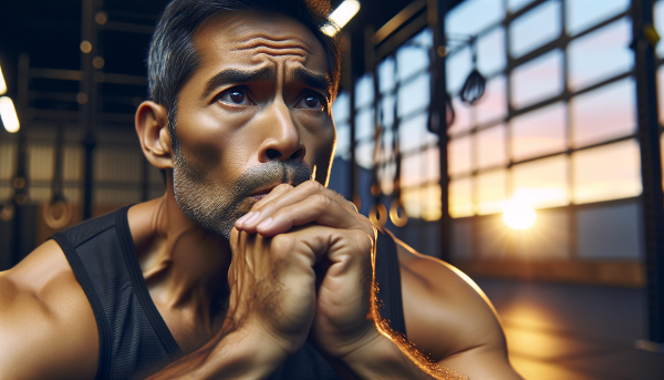 Un hombre, entrenador deportivo, realizando un ejercicio de respiración para manejar la ansiedad en su entorno laboral.