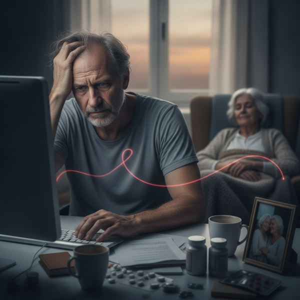 Hombre de mediana edad agotado trabajando en diseño gráfico mientras cuida a su madre anciana en casa