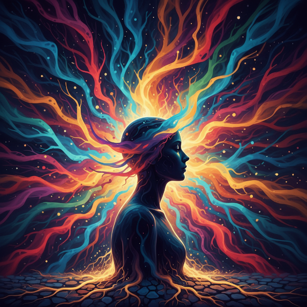 Imagen abstracta que representa la adaptación mental a situaciones cambiantes, con caminos divergentes, emociones como colores fluidos y símbolos de equilibrio psicológico.