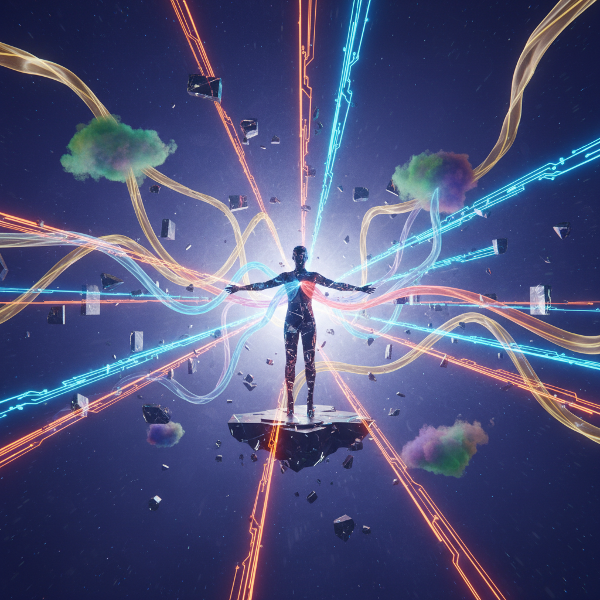 Una ilustración abstracta que simboliza la conexión humana multidimensional, mostrando vínculos de diferentes intensidades y colores que parten de una figura central.