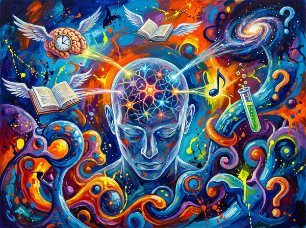 Una ilustración abstracta que muestra una mente humana con conexiones neuronales brillantes que se ramifican hacia ideas y conceptos diversos, simbolizando el pensamiento creativo y la asociación inusual.