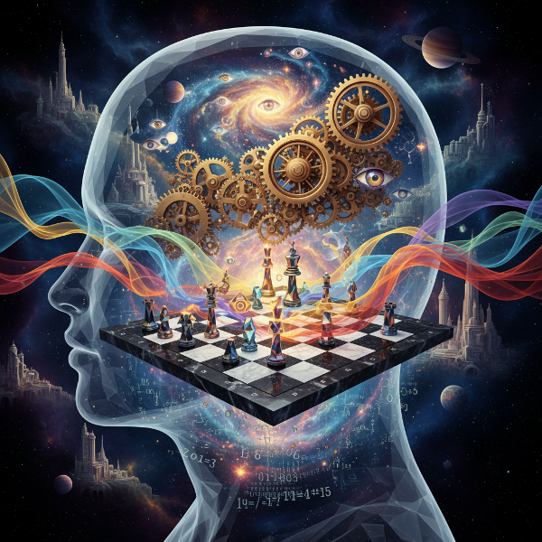 Una representación visual abstracta de una mente donde se fusionan elementos de lógica (engranajes), emoción (ondas de color) y estrategia (tablero de ajedrez), simbolizando los procesos cognitivos y el equilibrio interno.